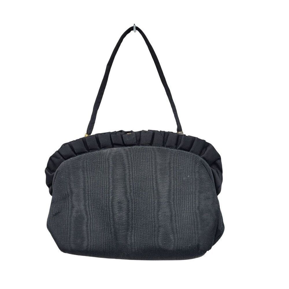 Vtg Black Ruffle Grained Satin Formal Evening Convertible Clutch Purse Handle